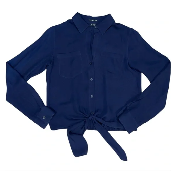 Theory Navy Women’s Silk Orencia Tie Front Blouse Size Small - Picture 3 of 6